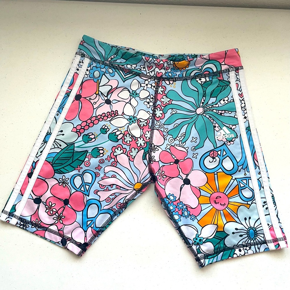 Adidas - Girls Biker Shorts - Pink Blue Floral - Size: XL (16)